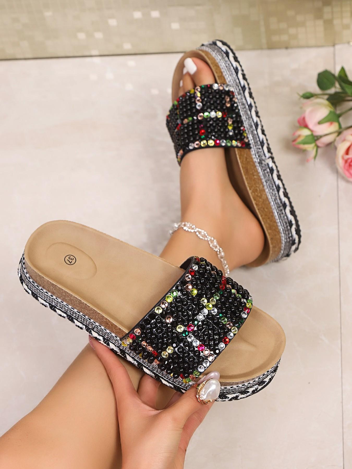 Thick Sole Ethnic Style Sandals 2026 New Arrival, European and American Chunky Soft Wood Pearl Beach Slippers for Women