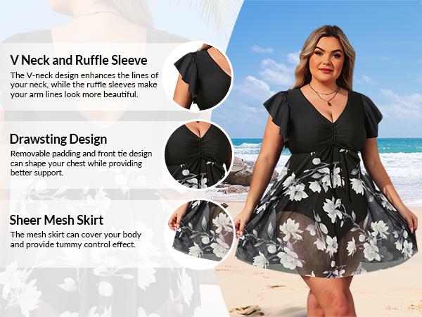 Yonique Plus Size One Piece Swimsuit for Women Tummy Control Swimdress Ruffle Sleeve Bathing Suit