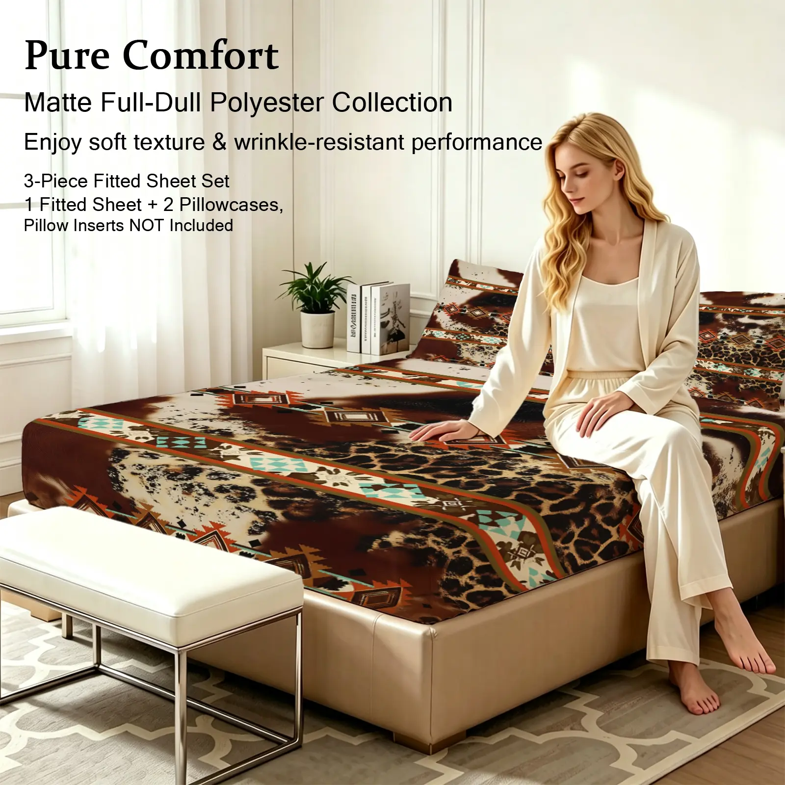 3pcs Fitted sheet Western Boho Aztec Cow Print Bedding Set, Soft Microfiber Wrinkle Resistant Breathable Durable Bed Sheet Set, 1 Fitted Sheet + 2 Pillowcases, No Pillow Inserts, Fit for Full Queen King Cal King Size Bedroom Home Use