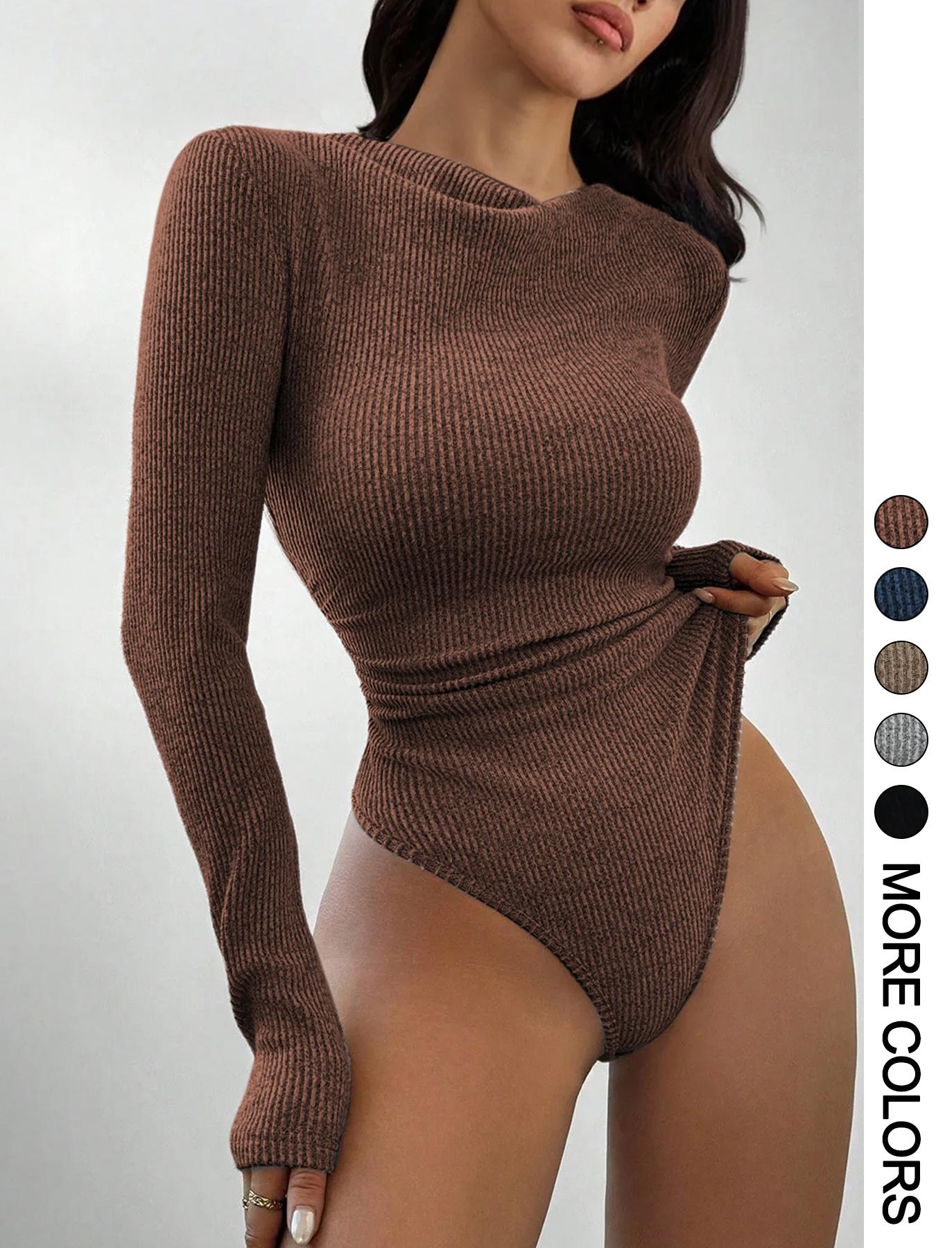 Women's Fall Winter Textured Knit Long Sleeve Romper Bodysuit, Sexy Slim-Fitting One-Piece, Plain Pattern, Moderate Fabric Thickness