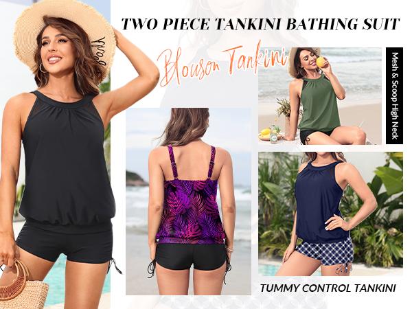 Yonique Tankini Swimsuits with Shorts - Tummy Control Two Piece Blouson Bathing Suits High Neck Swimwear Yonique Tankini Swimsuits with Shorts - Tummy Control Two Piece Blouson Bathing Suits High Neck Swimwear