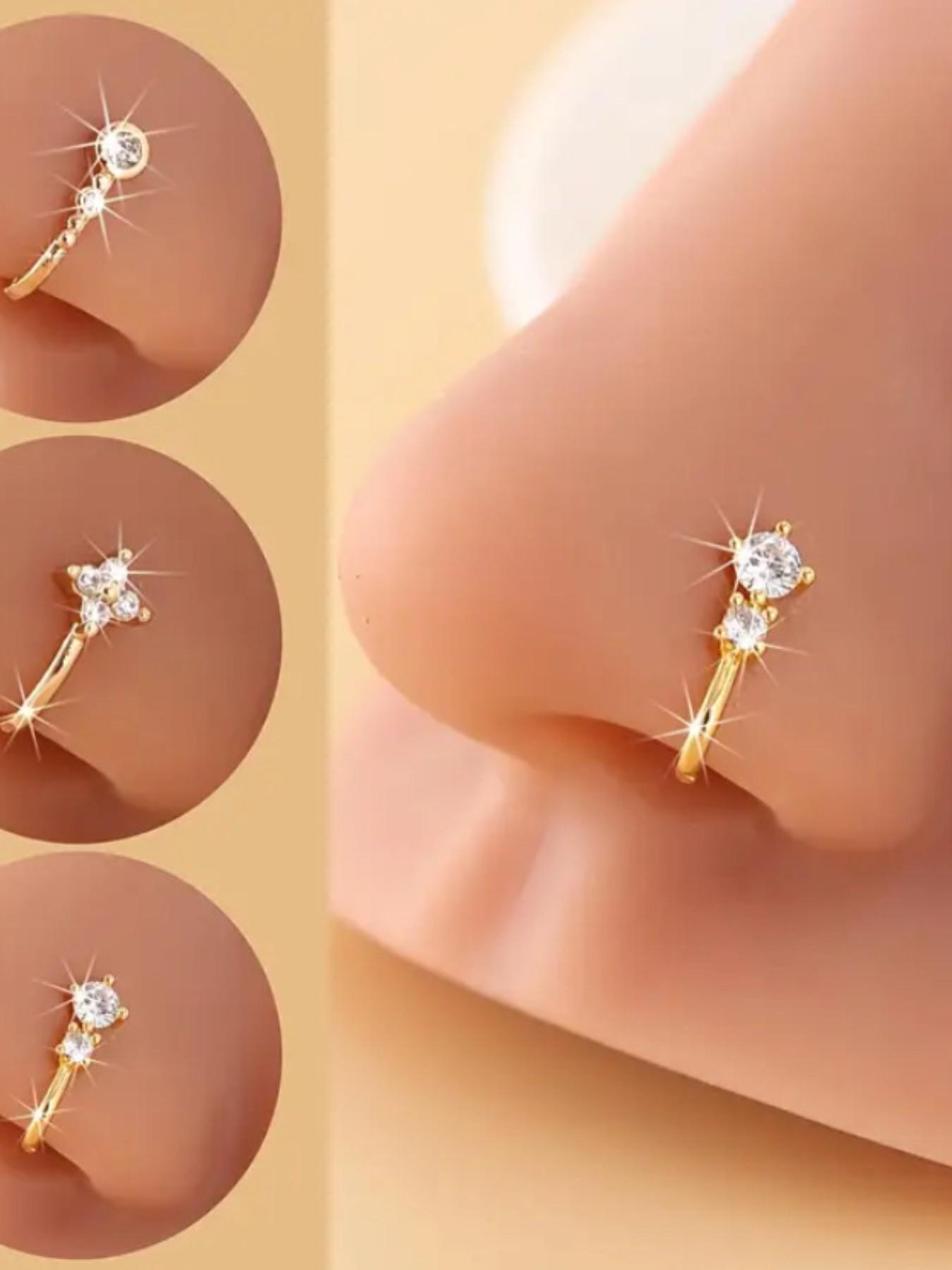 3pcs Rhinestone Decorated Clip-On Nose Rings, Adjustable Fake Nose Piercing Jewelry, Fashionable Hip-Hop Accessories for Women