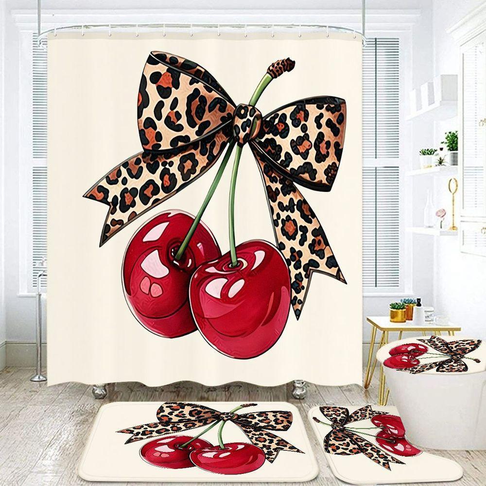 1/4pcs Leopard Print Cherry Bathroom Set with hooks, Beige Shower Curtain Sets with Glossy Red Cherries, Matching Bath Mats & Toilet Cover - Playful Bold Design for Spring Decor, Modern Bathroom Upgrade, Bathroom Supplies
