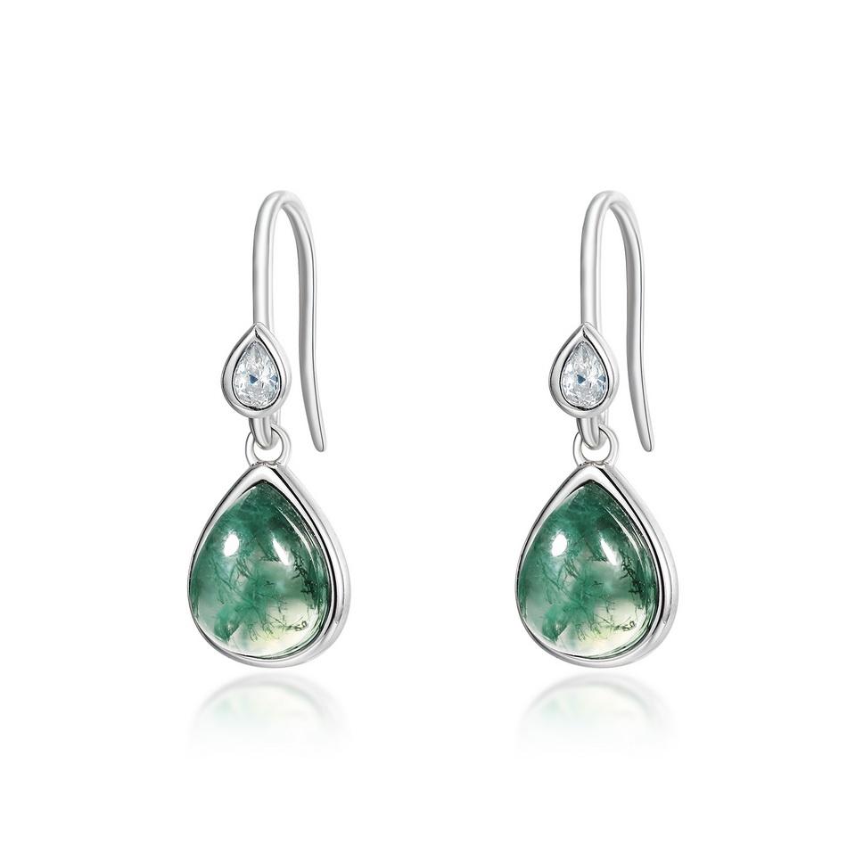 925 Sterling Silver Pear Drop Natural Moss Agate pierced earrings Anniversary Elegant