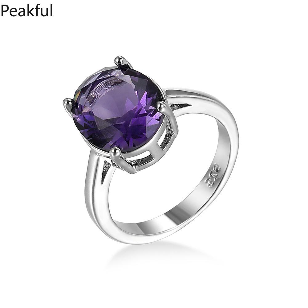 Elegant Amethyst Solitaire Statement Ring, Silver Plated Purple CZ Promise Band for Women, Classic Teardrop & Emerald Cut Designs, comfortable lightweight fit, great for everyday glamour, parties, anniversary gifts and formal styling