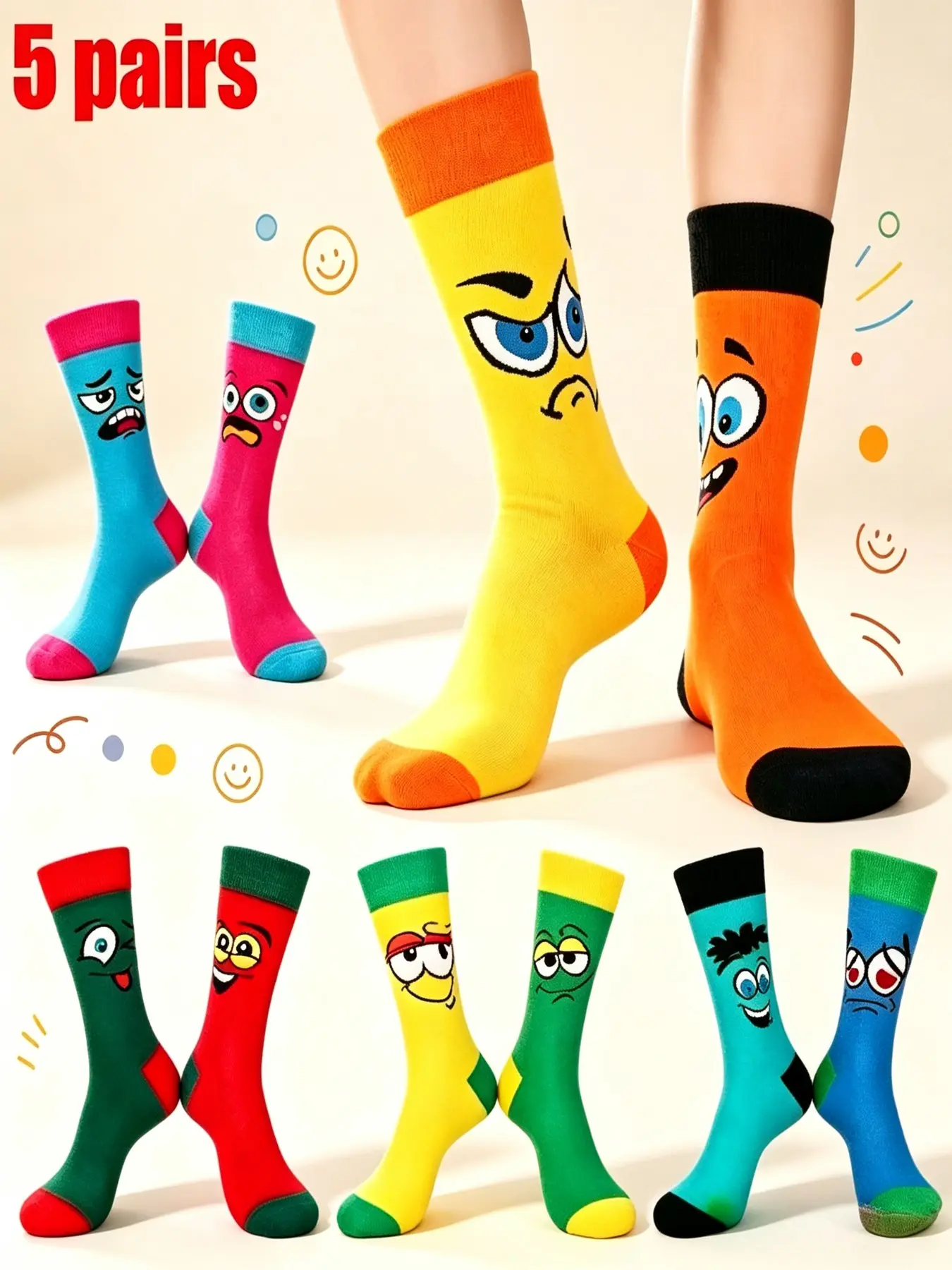 5 Pairs Cartoon Expression Men's Casual Crew Socks, Bright Colors, Funny Face Patterns, Comfortable, Ideal for Parties, Home, Daily Wear, Gifts