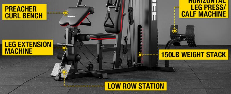 Home Gym Station, 150LB Weight Stack Multifunctional Home Gym Equipment for Full Body Strength Training Workout, LAT Pulldown Pulley System, Chest/Leg Exercise and Preacher Curl Fitness