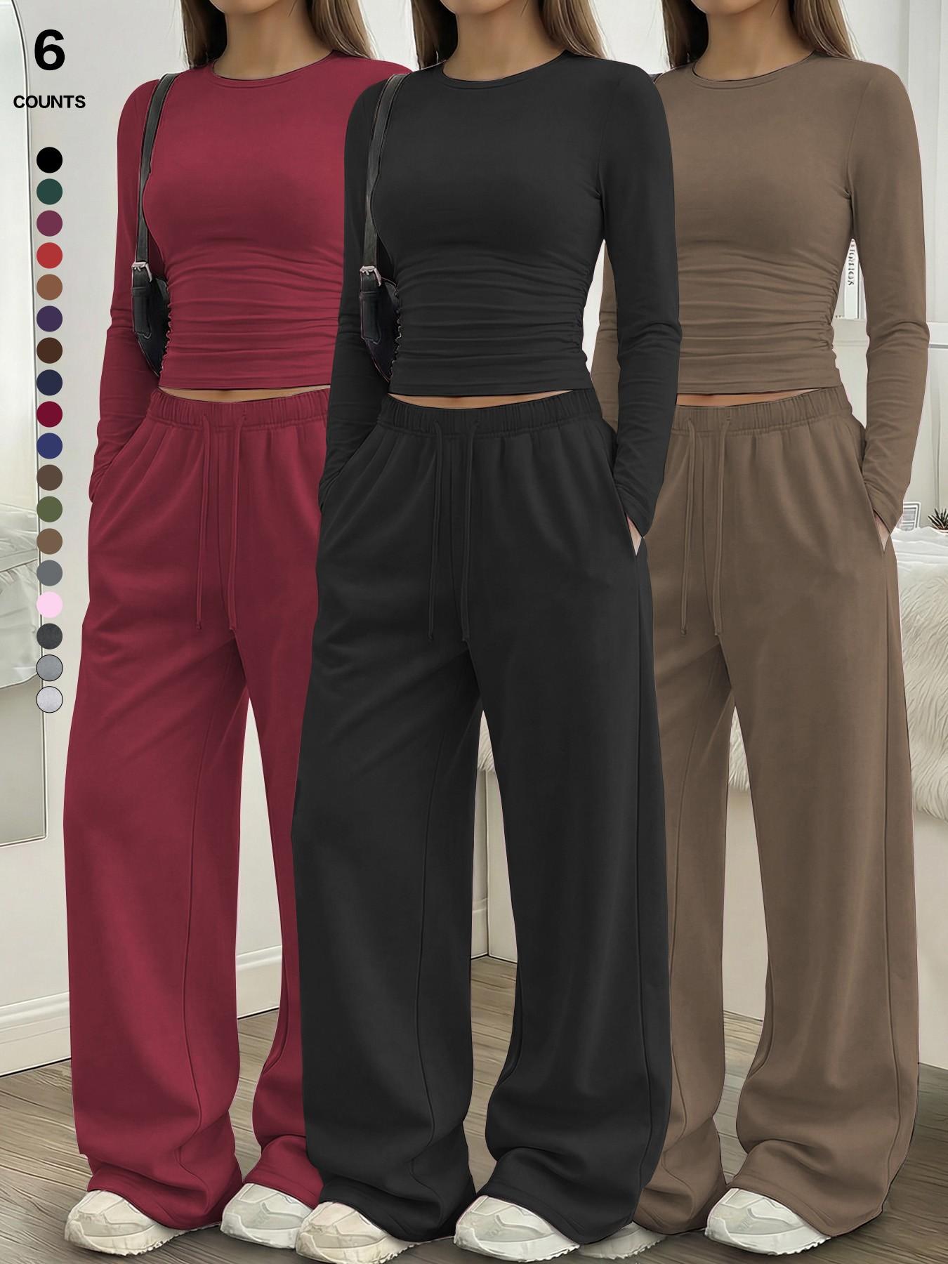 Women's Solid Ruched Drawstring Loungewear Set, Casual Long Sleeve Round Neck Top & Pocket Wide Leg Trousers, Spring Summer Sleepwear Pajama Set