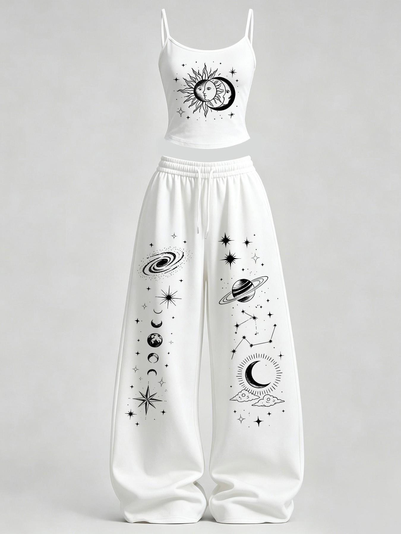 Women's Casual Tank Top Set, Sun Moon Star Print Slim Fit Vest + Loose Pants, Y2K Street Style, Daily Wear, Home Leisure, Clothes Women's Casual Tank Top Set, Sun Moon Star Print Slim Fit Vest + Loose Pants, Y2K Street Style, Daily Wear, Home Leisure, Clothes