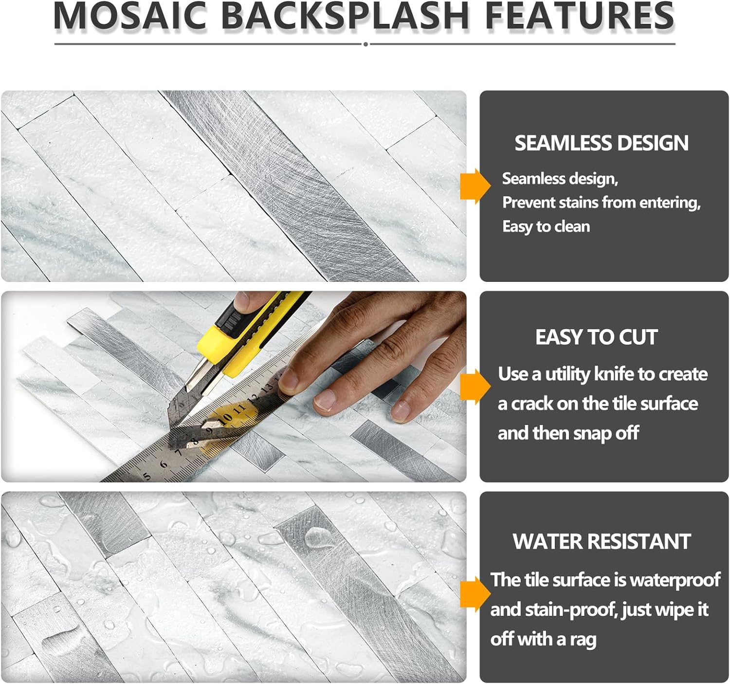 STICKGOO 20 Sheets Peel and Stick Backsplash Tile, Tile Stickers, Stick on Backsplash for Kitchen and Bathroom, Volakas White Look PVC Mixed Metal Silver Self Adhesive Wall Tiles