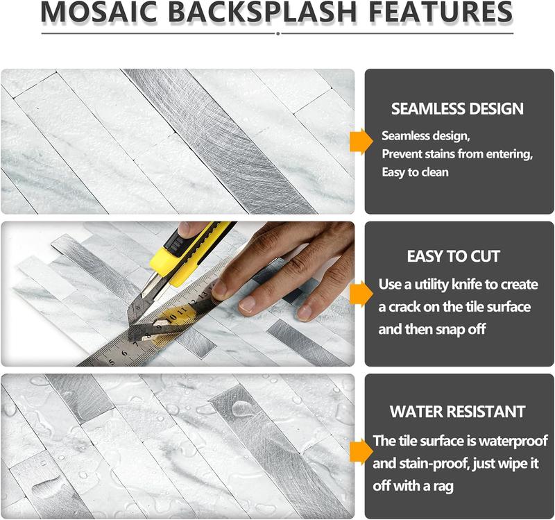 STICKGOO 20 Sheets Peel and Stick Backsplash Tile, Tile Stickers, Stick on Backsplash for Kitchen and Bathroom, Volakas White Look PVC Mixed Metal Silver Self Adhesive Wall Tiles