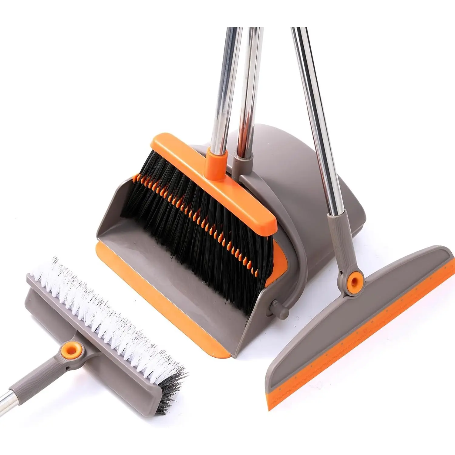 3-in-1 Broom and Dustpan Set with Silicone Squeegee & Scrub Brush, Long Adjustable Handle for Indoor/Outdoor Sweeping, Pet Hair, Liquid Spills and DirtGift
