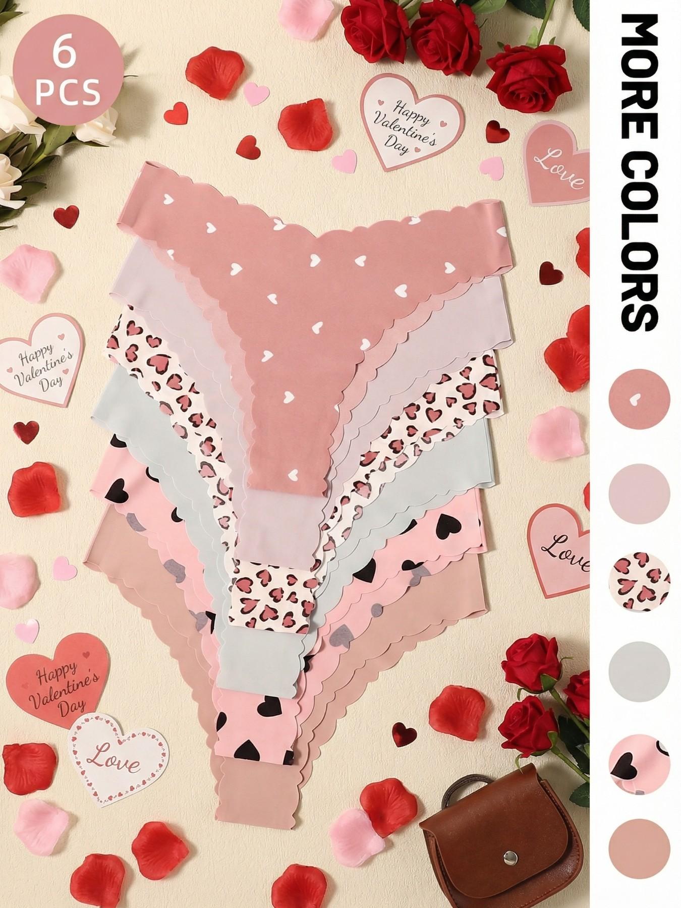 6-Pack Cute Heart & Leopard Print Women's Underwear, High-Quality Designer Briefs with Wavy Edge Design, Perfect Valentine's Day Gift