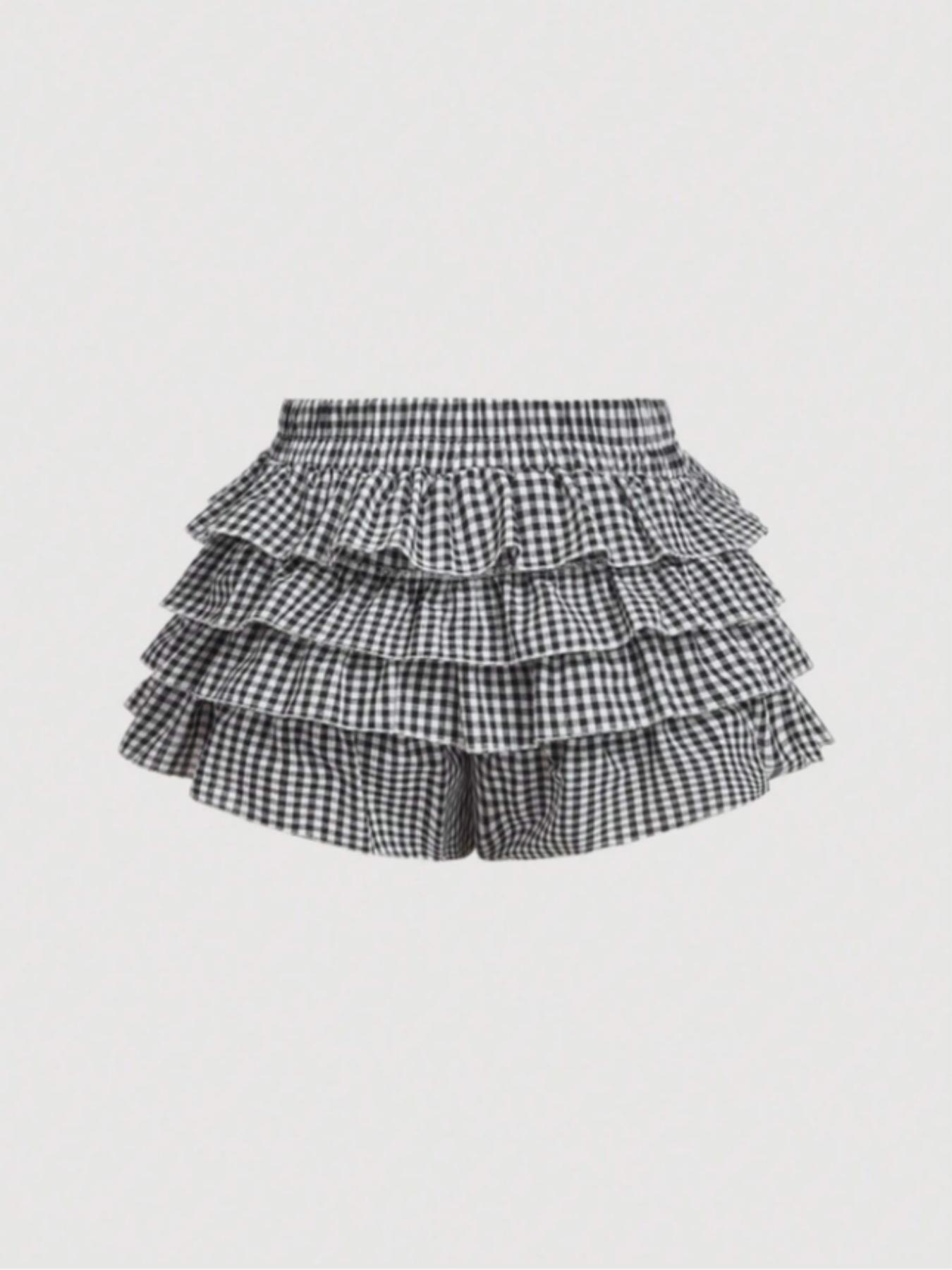 Casual Low Waist Plaid   Ruffle Hem Women's Shorts, Checkered Shorts, Women's Shorts for Summer, Perfect for School and Daily Wear