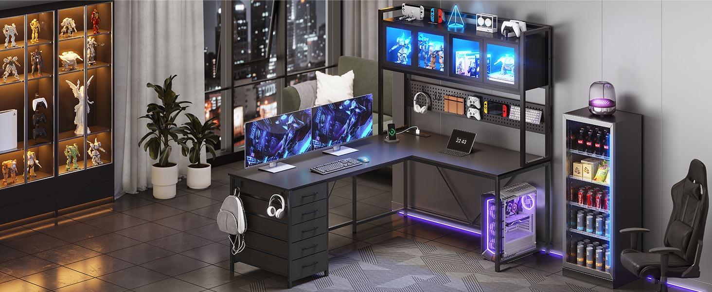 Sikaic 62 Inches LED Reversible L Shaped Gaming Desk With Power Outlet Storage Drawers Hutch and Pegboard Furniture Ergonomic Modern Dual Monitor Stand