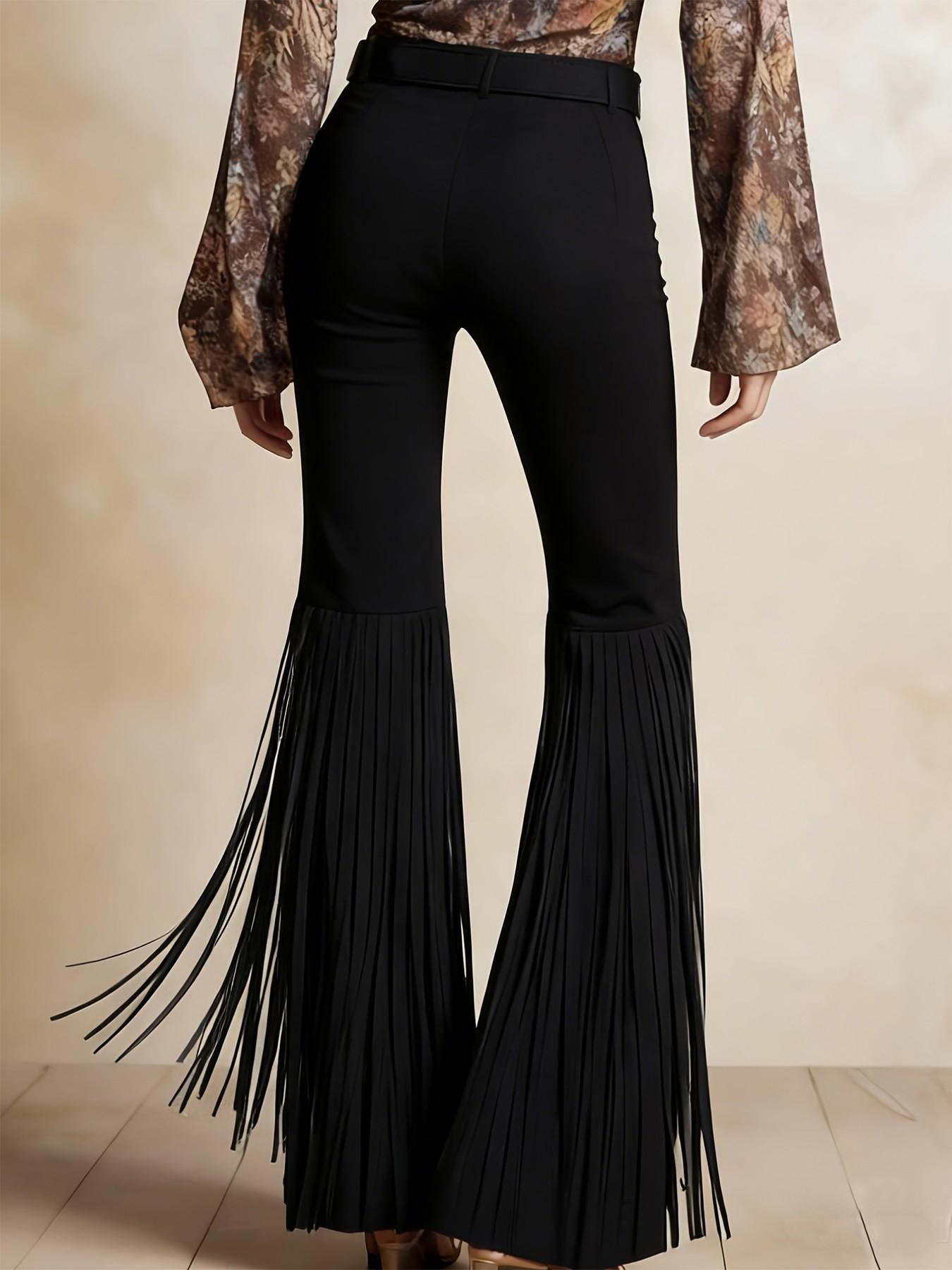 Women's High Waist Fringe Flare Pants, Retro Western Bell Bottom Trousers, Bohemian Casual Outfit, Ladies Fashion Pants, Womenswear, Vintage Fringe Pants for Party & Daily Wear