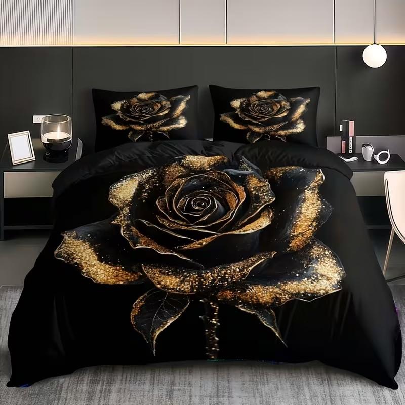 Gold Rose Print Bedding Set, 1 Duvet Cover + 2 Pillowcases, High-Definition Printing, Home & Dormitory Bed Linen