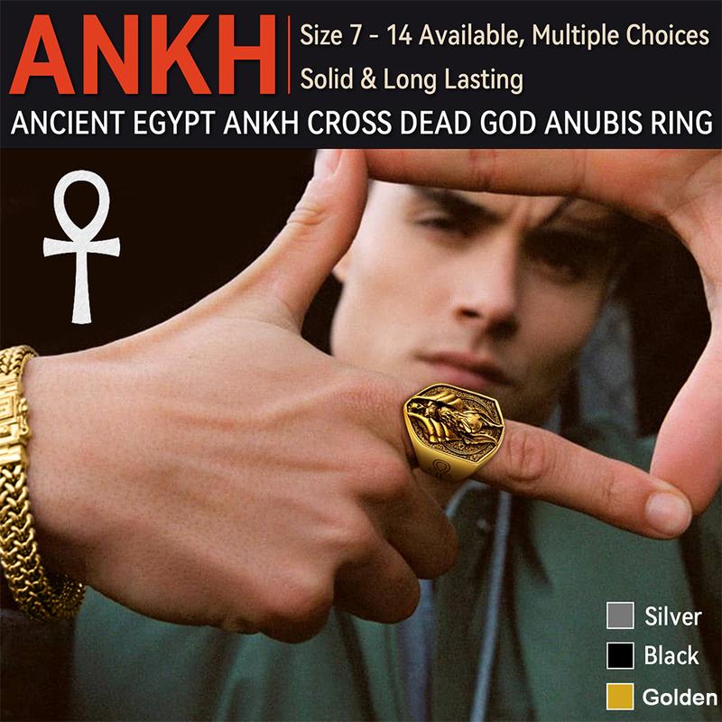 U7 Anubis Rings Vintage Ankh Cross Amulet Chunky Ring Ancient Egyptian Jewelry for Men