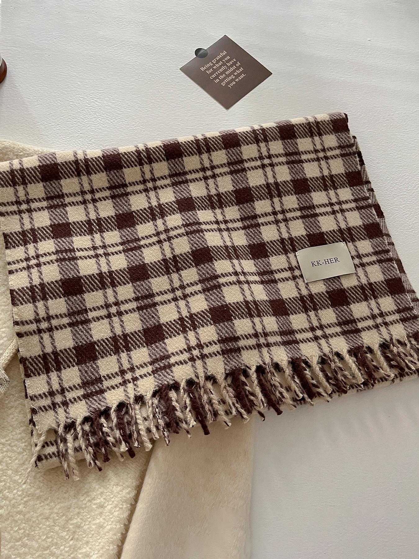 Women's Autumn Winter Casual Fashion Imitation Wool Checkered Scarf, Plaid Woven, Thickened Knit Wrap for Christmas Warmth