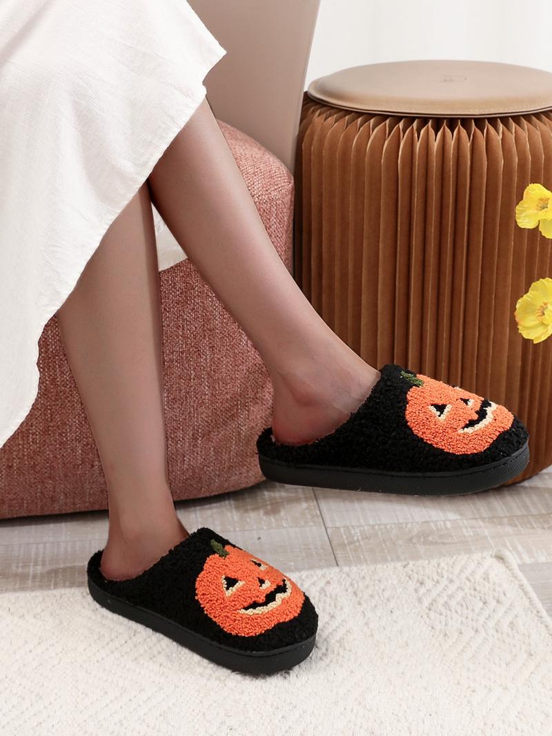 Women's Cartoon Pumpkin Pattern White Slippers, Casual Soft Comfortable Home Slippers, Warm Lightweight Slipper for Indoor & Outdoor Useas Birthday Gifts Halloween, Girl, Footwear
