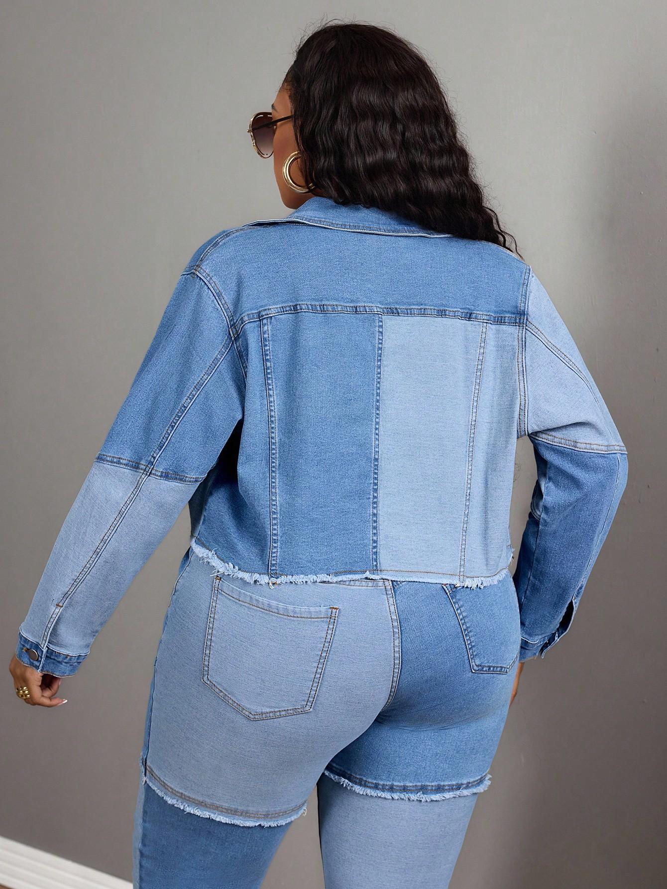 Plus Size Women's Colorblock Washed Denim Long Sleeve Jacket, Casual Fashion Outerwear, Lady Womenswear, Comfortable and Stylish, Perfect for Daily Wear