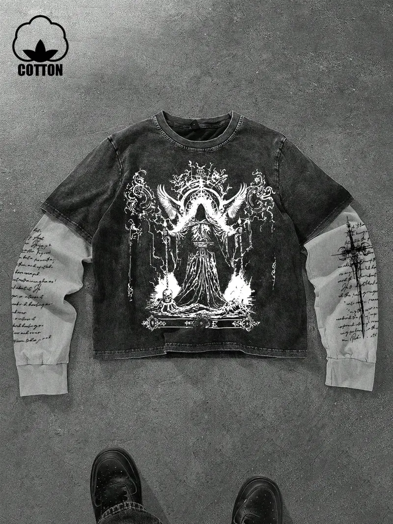 Men's Opium Style Acid Wash Double Layer Long Sleeve Crewneck T