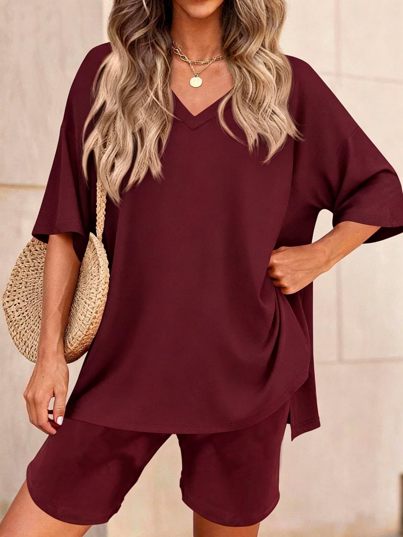2026 Summer New Arrival Women's V Neck Solid Color Loose Shorts Pajama Set, Fashion Casual Loungewear, Comfortable Soft Sleepwear