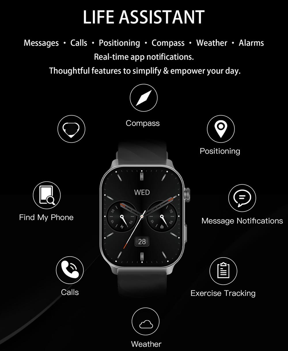 2.01-inch full touch screen, 350mAh ultra-long battery life, support for multiple languages, over 100 sports modes, five-star GPS tracking, 1ATM deep water resistance, wireless call, voice assistant, message notification, low power consumption, etc