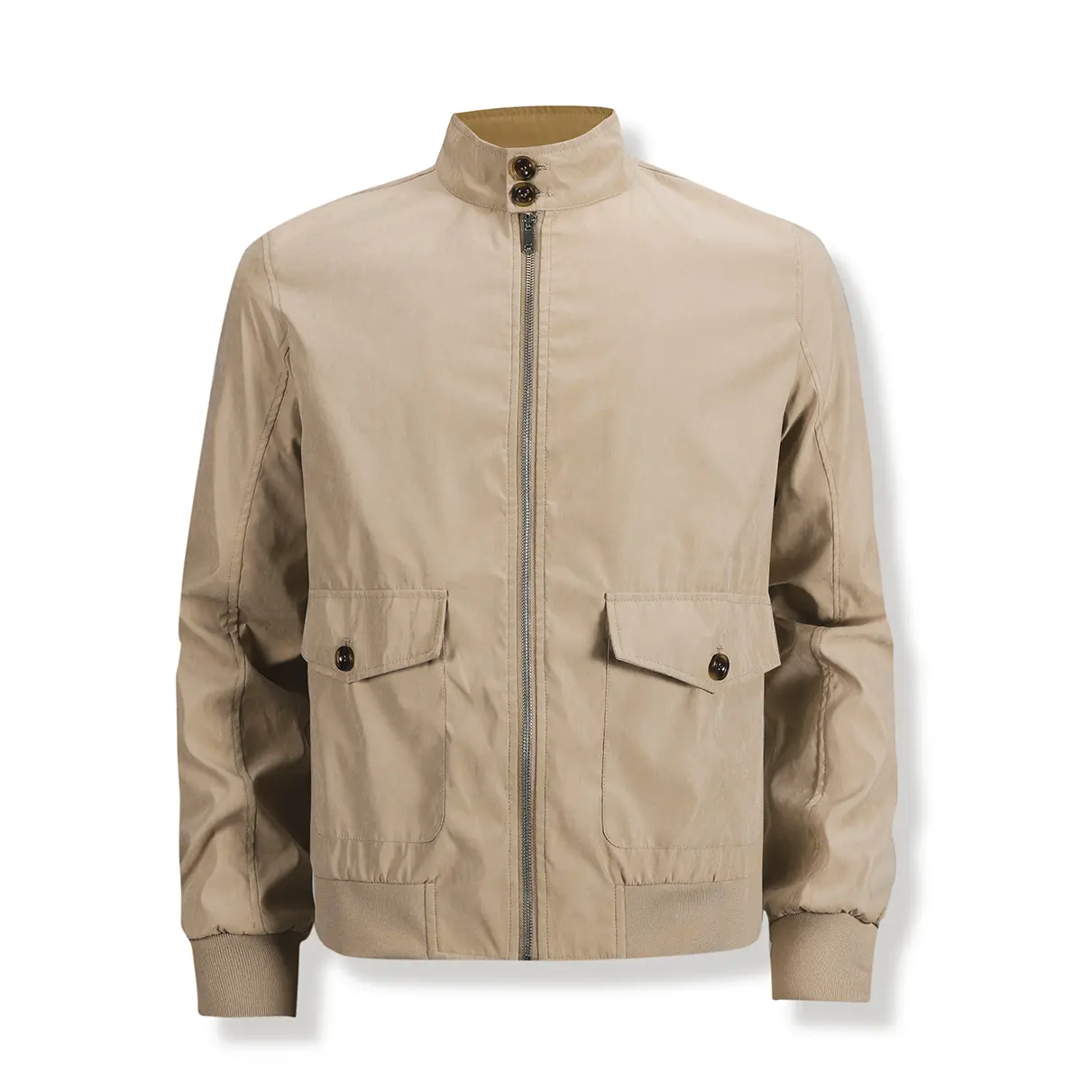 Men's Khaki Harrington Jacket, Lightweight Woven Fabric Stand Collar Bomber Coat, Double‑Button Collar Design, Full Zip Closure, Button‑Flap Side Pockets, Ribbed Hem And Cuffs, Relaxed Fit Vintage Business Casual Outerwear For Office Work Date Daily Trave