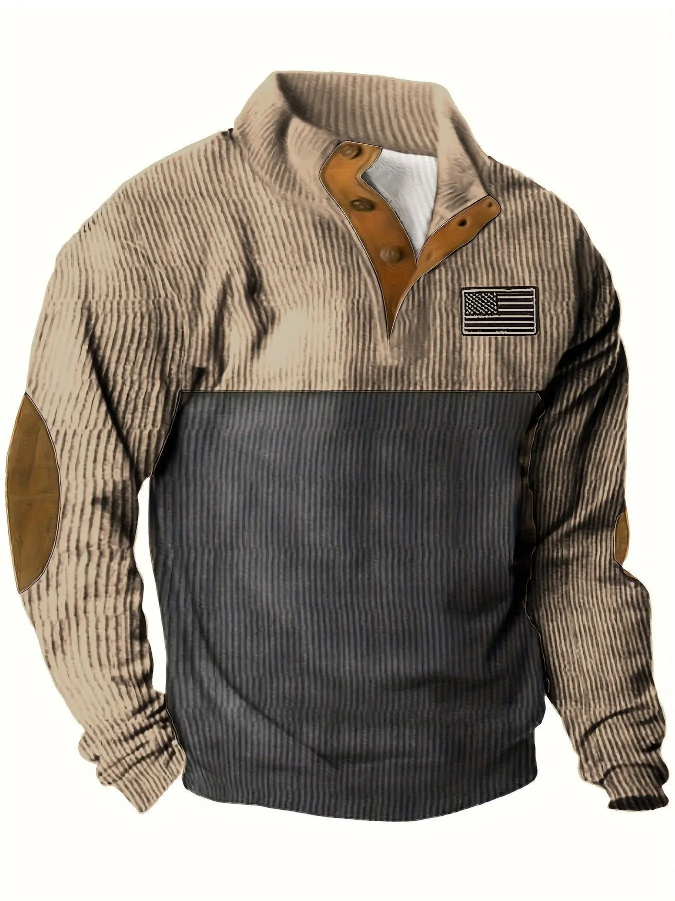 Men's Colorblock Patched Button Front Half Placket Pullover, Regular Fit Casual Long Sleeve Collared Sweatshirt for Spring & Fall, Fashion Men's Top for Daily Wear