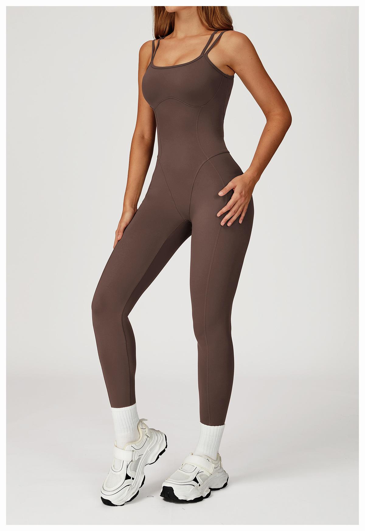 Nude-feel one-piece bodysuit with cross-back design, slim-fit yoga wear for outdoor running and fitness activities