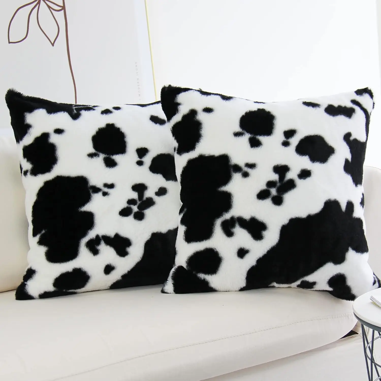 Throw Pillow Covers Farmhouse Animal Skin Soft Cozy Fleece Flurry Cushion Case Cow Pattern Faux Fur Pillowcases for Couch Bedroom Set of 2 18 x 18 Inch Black| Farmhouse Animal Skin Soft Cozy Fleece Flurry Cushion Case Cow Pattern Faux Fur Pillowcases
