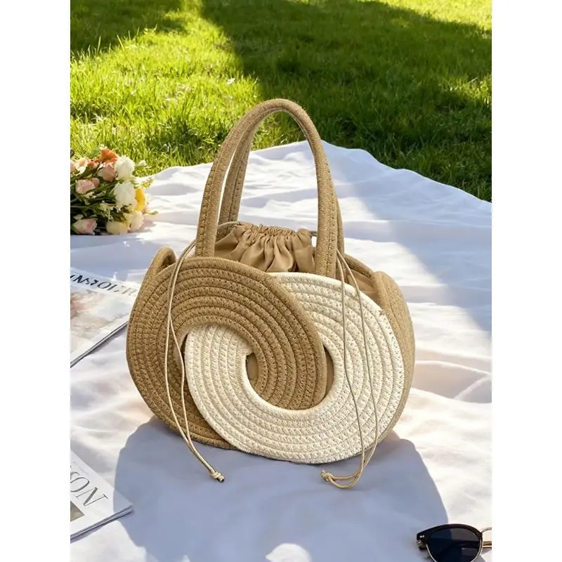 Women's Colorblock Straw Bucket Bag - Braided Woven Drawstring Handbag with Dual Carry & Inner Pouch, Resort Chic Crossbody Shoulder Purse for Beach Trip & Daily Outing