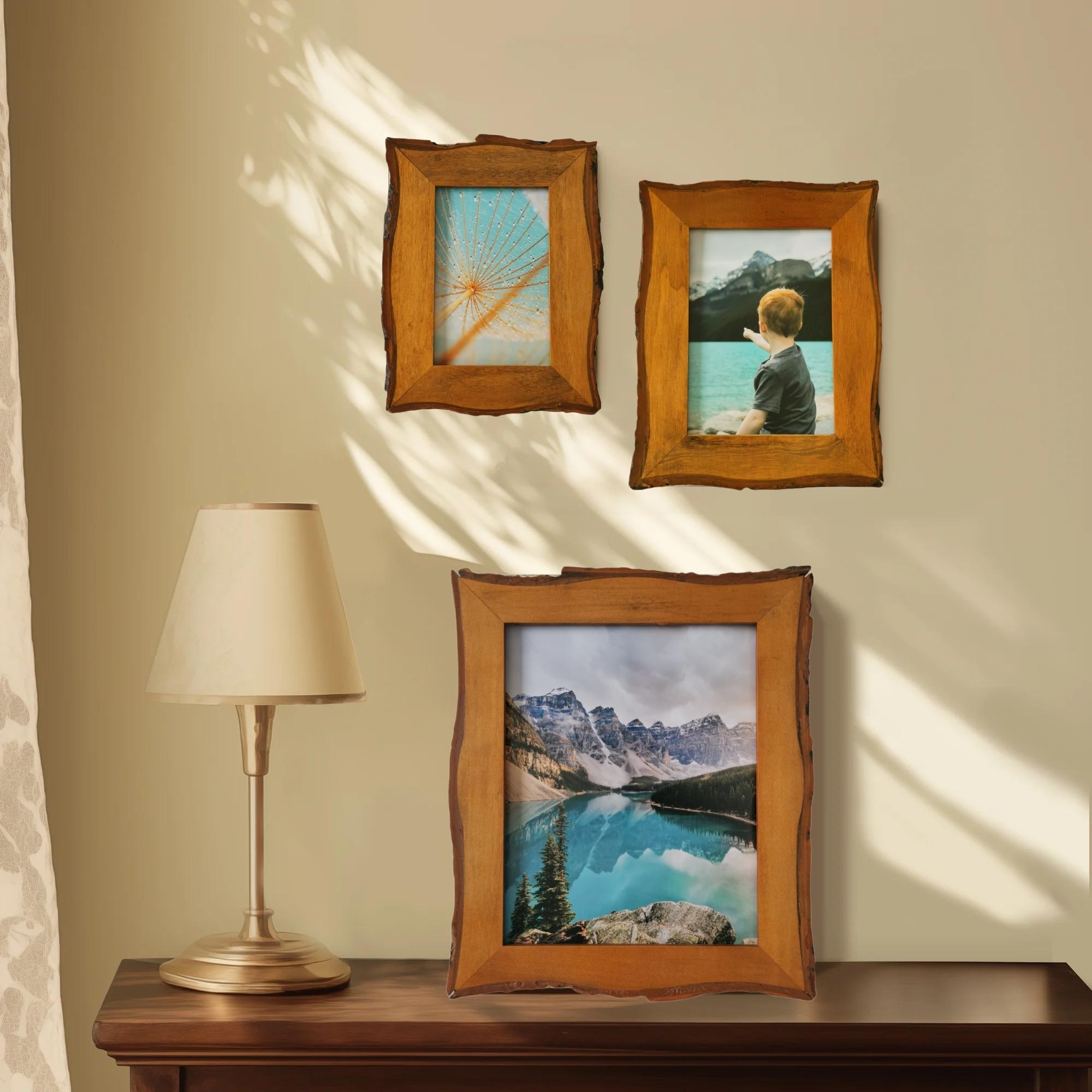 1 Pack 8x10 Picture Frame Rustic Brown, Solid Wood Picture Frame with Bark Edges & Real Glass Cover, Vertical/Horizontal Tabletop or Wall-Mounted Photo Frame, Farmhouse Decor, Living room and bedroom Decor, for Christmas Home Decor, Wavy Edge Design