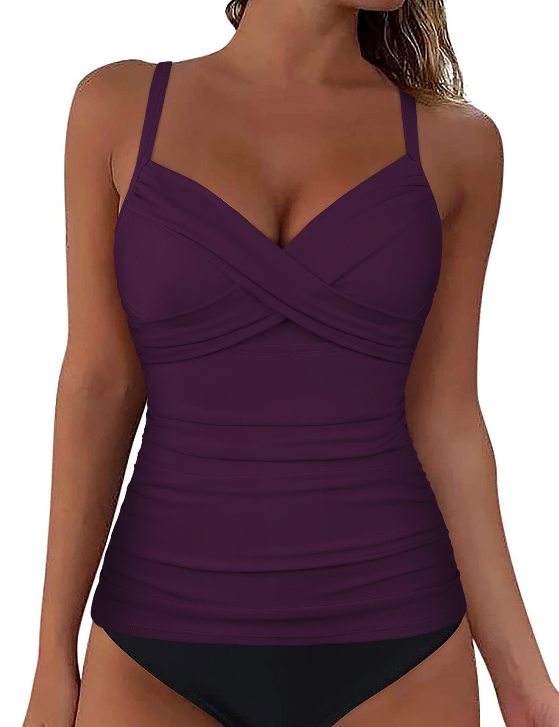 Hilor Women's Underwire Tankini Top Swimwear Twist V Neck Swimsuits for Big Busted Tummy Control Bathing Suits Top Only