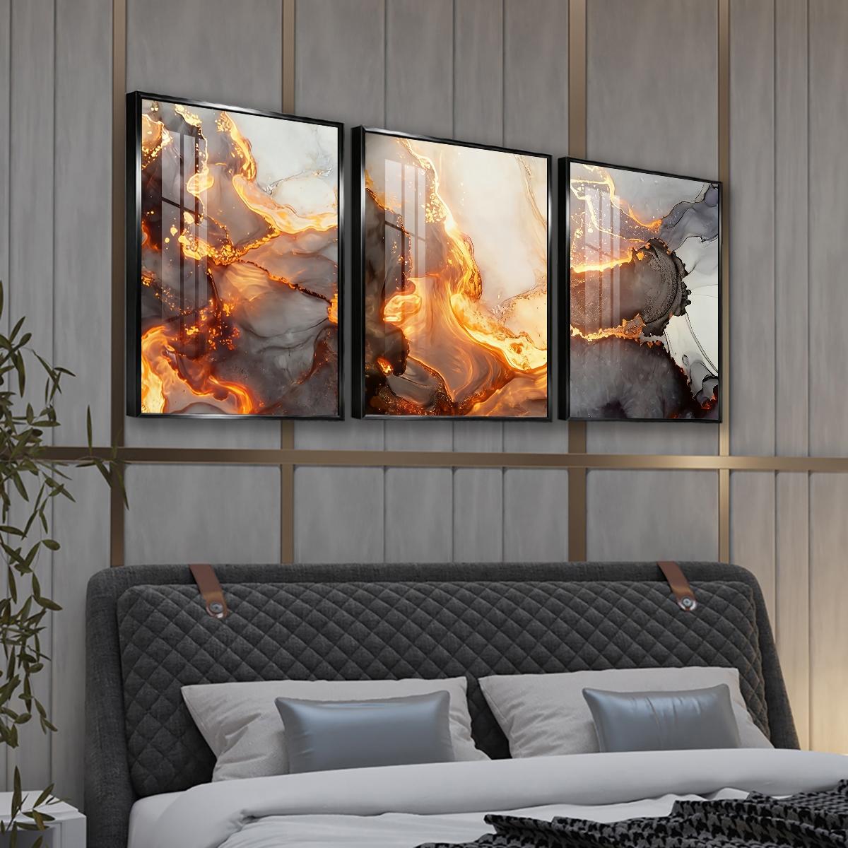 3 Counts Aluminum Alloy Framed Painting, Abstract Golden Lava Flow Pictures, Home Decoration For Living Room, Bedroom, Office, Restaurant, Hallway Wall Decor, Odorless Print Artwork, Luxury Perfect Gift For Friends And Family