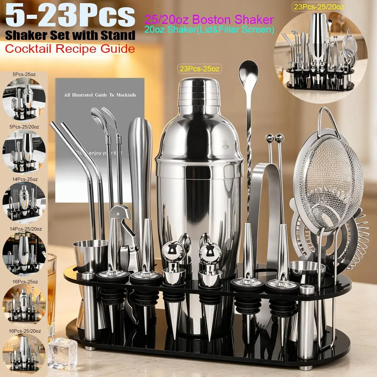 Stainless Steel Boston Type Round Cocktail Shaker Set (5-23 Pieces) - 25oz/20oz 750ml/600ml Home Bar Utensils Kit with Tidy-Keeping Stand, Recipe, Cup, Strainer, Colander, Corkscrew, Ice Strainer, Muddler, 2 Curved Straws, 1*25/50ml Jigger