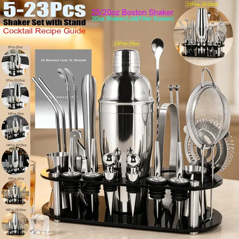 Stainless Steel Boston Type Round Cocktail Shaker Set (5-23 Pieces) - 25oz/20oz 750ml/600ml Home Bar Utensils Kit with Tidy-Keeping Stand, Recipe, Cup, Strainer, Colander, Corkscrew, Ice Strainer, Muddler, 2 Curved Straws, 1*25/50ml Jigger
