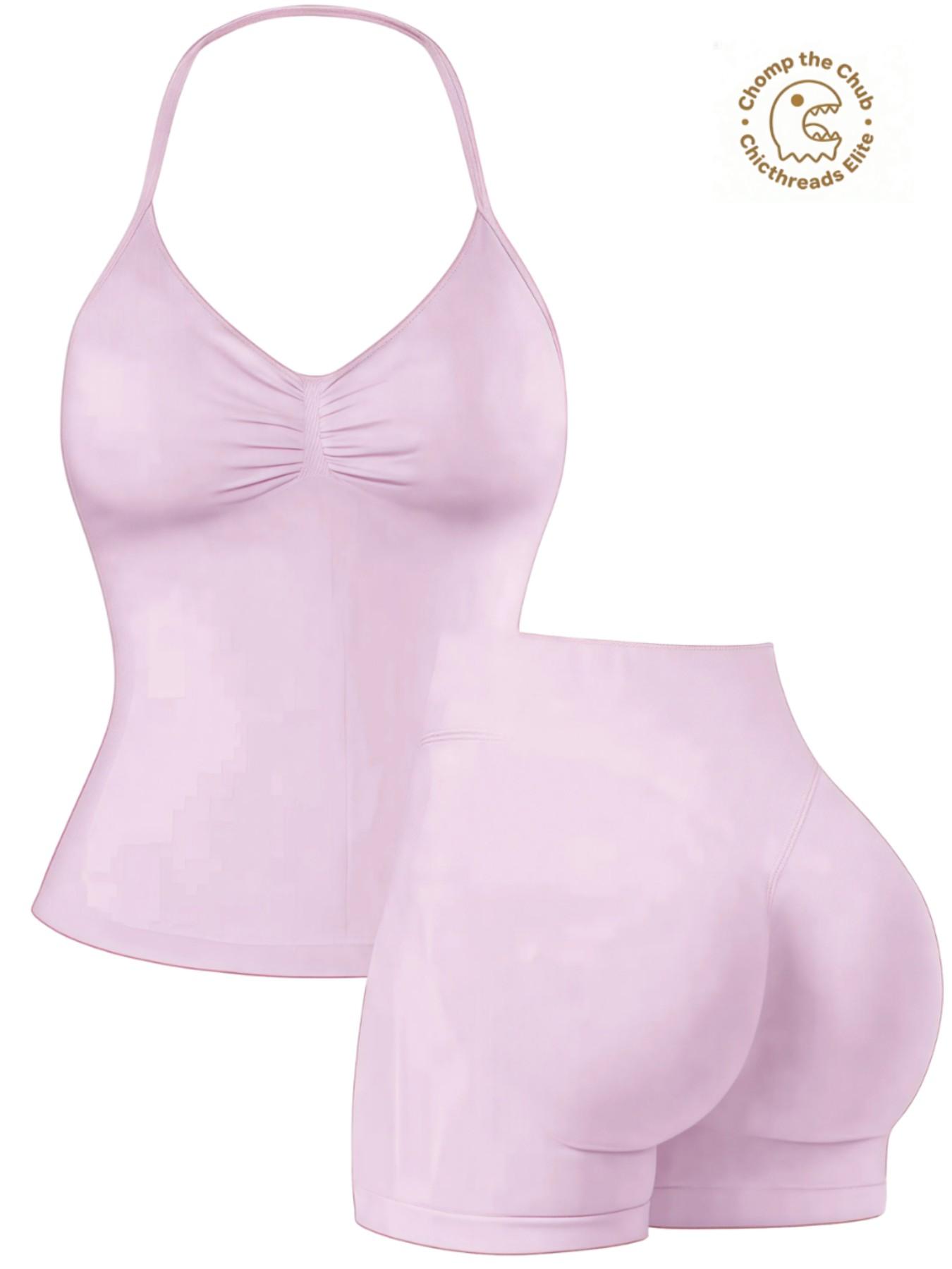 Bootie Lifting & Snatched Waist Yoga Set, Halter Ruched Top + High Waist Sculpting Shorts, Ideal for Gym, Yoga, Activewear, Gym Workout Set, High Stretch Sporty, Gym Clothes Workout