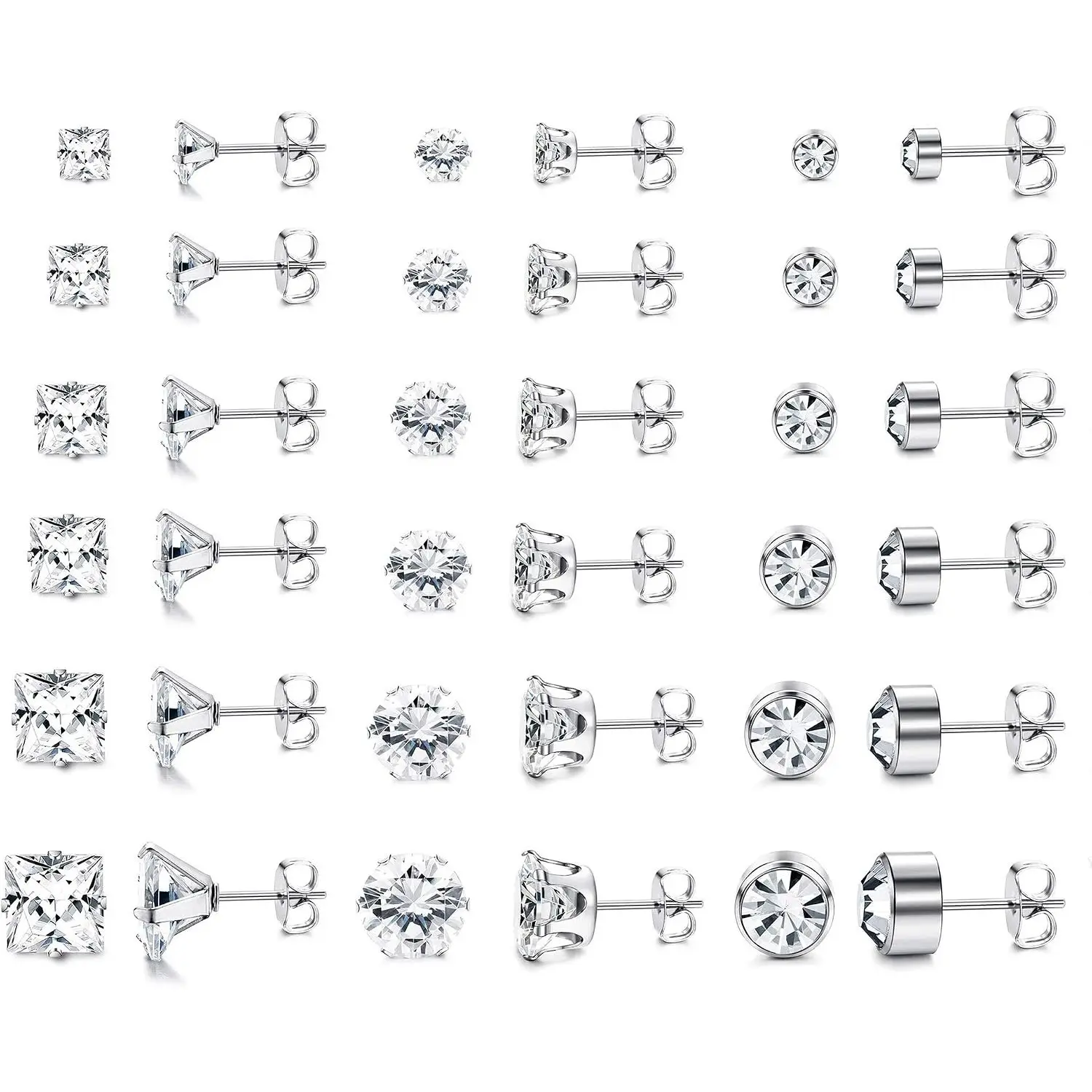 18 Pairs Silver Cubic Zirconia Stud Earrings Set for Women Men, Hypoallergenic Stainless Steel Small Brilliant Ear Studs, 3-8mm Helix Tragus Cartilage Piercing Jewelry
