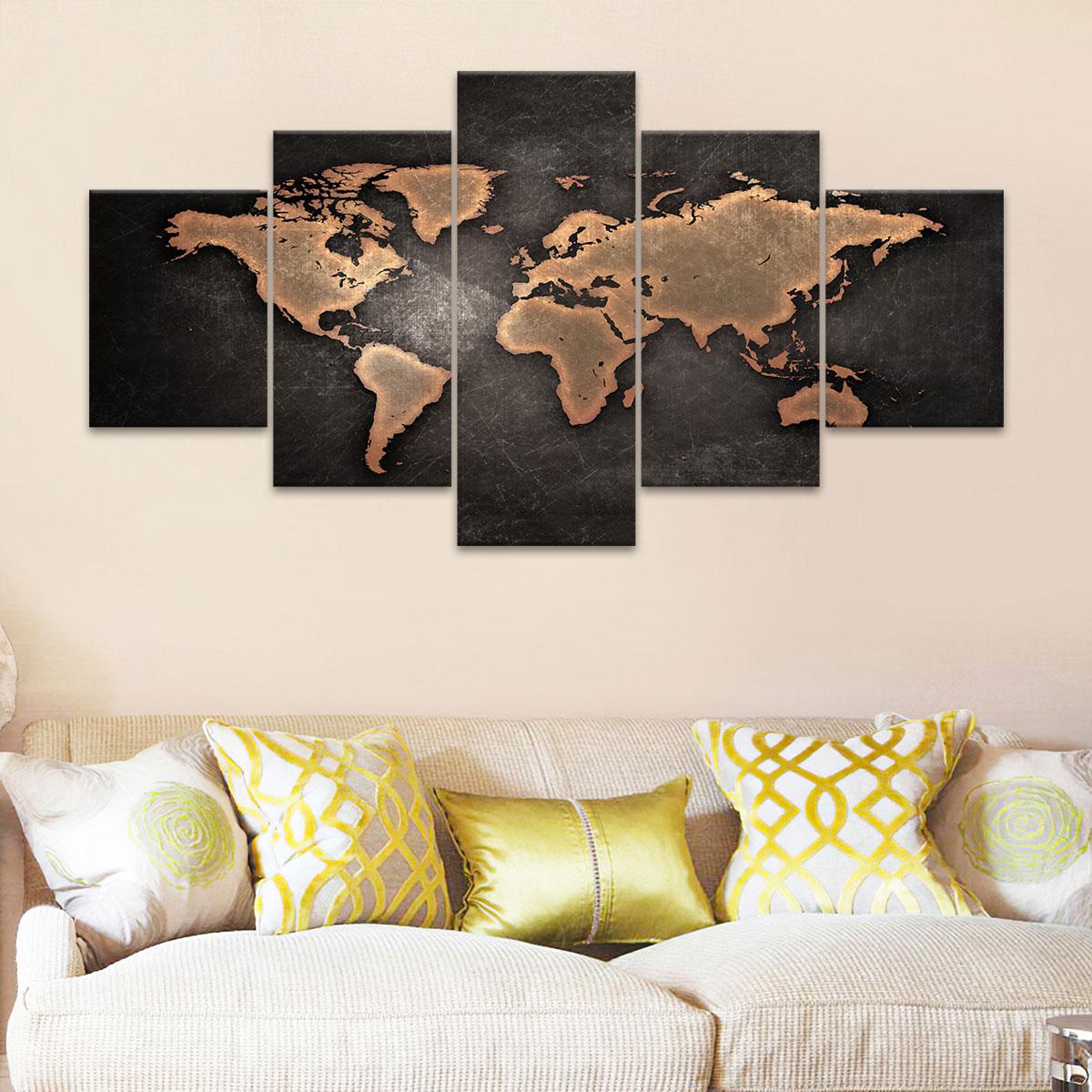 Vintage World Map Pattern Canvas Unframed Painting, 5 Counts Modern Art Poster, Wall Art Decor for Home Living Room Bedroom Office, Ornaments