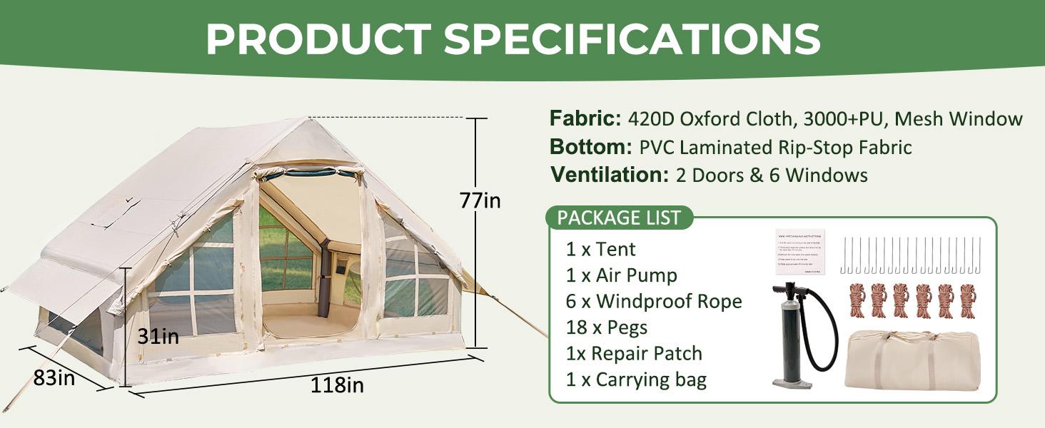 DoCred Inflatable Camping Tent with Pump, Glamping Tents with Stove Jack, Easy Set up 4 Season Waterproof Windproof Outdoor Gazebo, Luxury Cabin Tent with Removable Mesh Windows & Doors for Beach, Backyard, Sleepovers, Camping