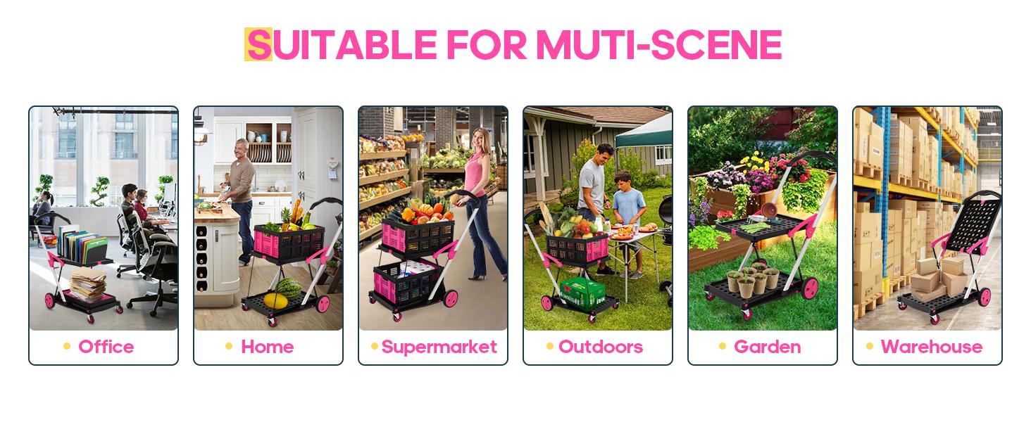 Foldable Utility Cart with Wheels,Folding Cart for Cosmetic Organizer,Grocery,Office,Warehouse,Garden, Double Layers Foldable Shopping Cart,Folding Trolley for Luggage Heavy Duty