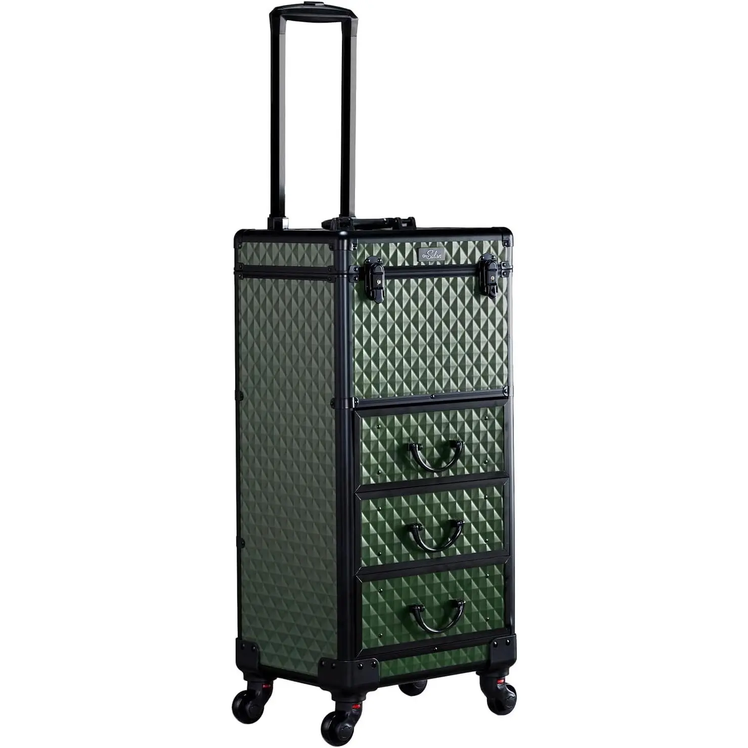 OmySalon Rolling Makeup Train Case with 3 Drawers, Cosmetology Case on Wheels w/Pull Handle and Removable Wheels, Large Cosmetic Organizer Storage Box for Nail Tech, Makeup Artist