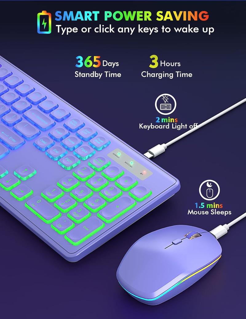 Wireless Keyboard and Mouse Combo - RGB Backlit, Rechargeable & Light Up Letters, Full-Size, Ergonomic Tilt Angle, Sleep Mode, 2.4GHz Quiet Keyboard Mouse for Mac, Windows, Laptop, PC