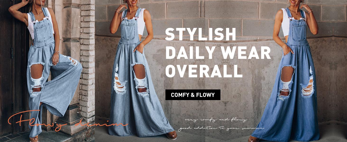 Chouyatou Women's Loose Adjustable Strap Wide Leg Denim Bib Overall Jeans Pants SpringStatements