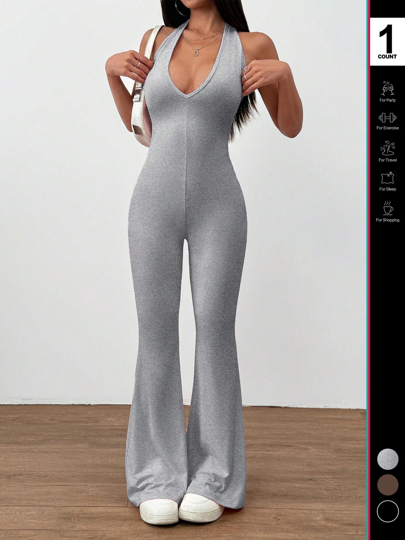 2026 Women's Sexy Halter V Neck Jumpsuit, Sleeveless Backless Design, Fitted Flare Leg Romper, Casual Style for All Seasons