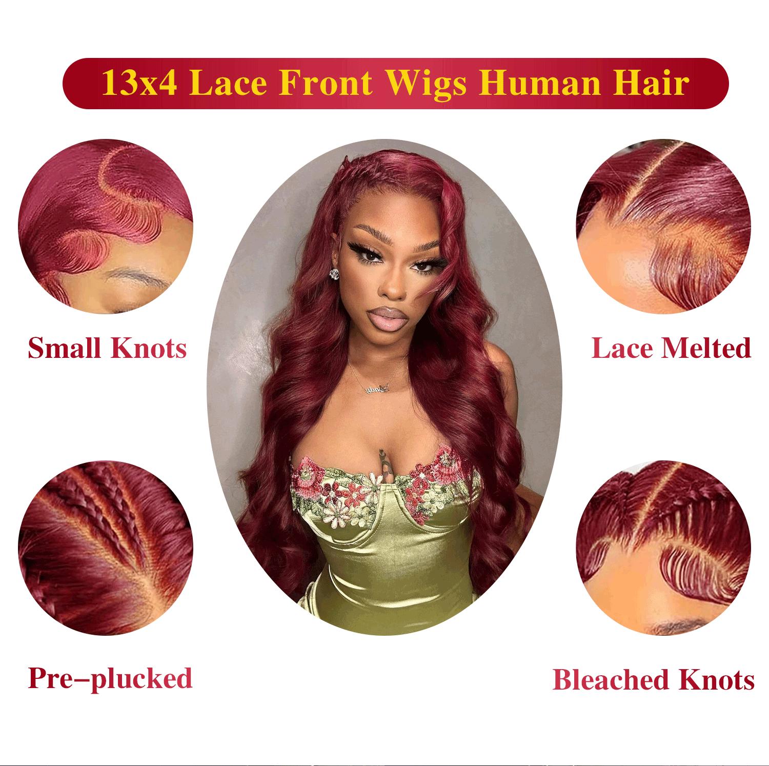 QUANDIAN 99J Burgundy Colored 13x4 HD Lace Front Wigs Human Hair Body Wave Red Wig 180 Density Wine Red Lace Front Human Hair Wigs for Women Springtok