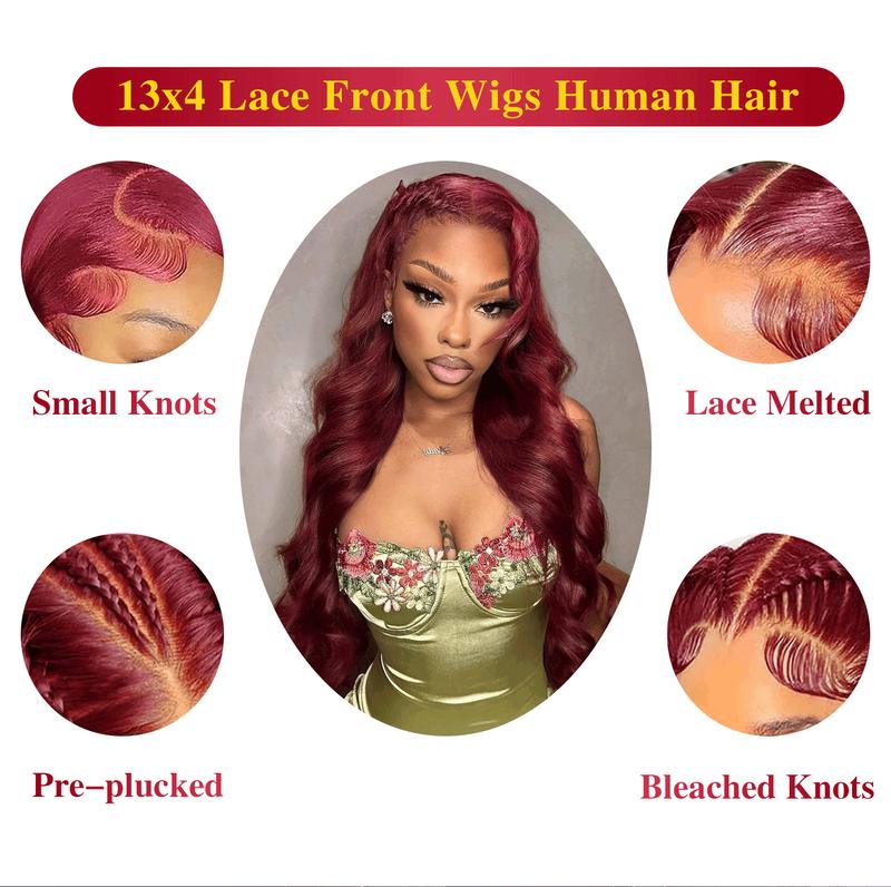 QUANDIAN 99J Burgundy Colored 13x4 HD Lace Front Wigs Human Hair Body Wave Red Wig 180 Density Wine Red Lace Front Human Hair Wigs for Women Springtok