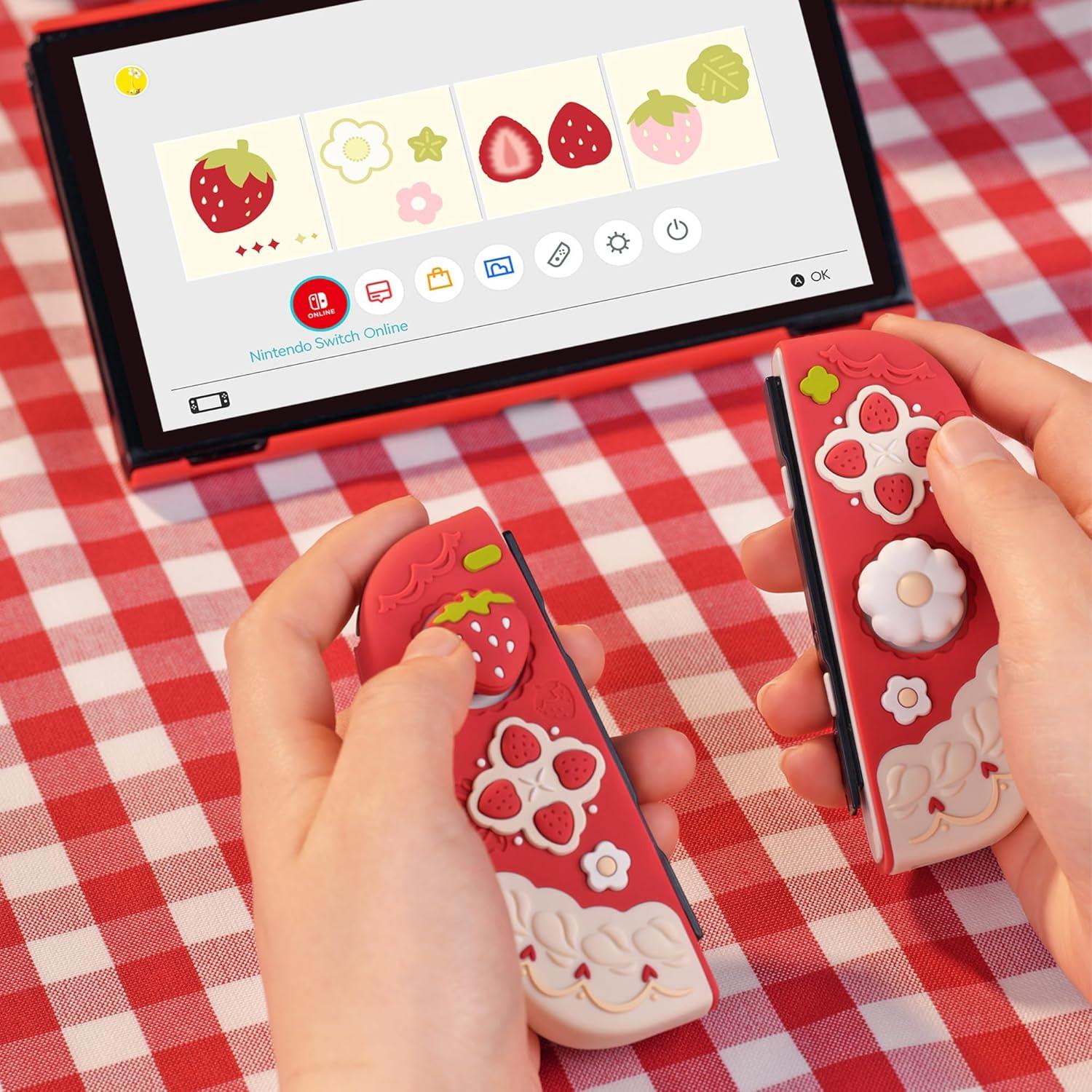 GeekShare Protective Case for Switch / OLED Slim Cover Console Accessories Compatible with Nintendo Switch Separable Soft Silicone Protective Shell for Joy Con with 2 Thumb Grip Caps-Strawberries with Cream